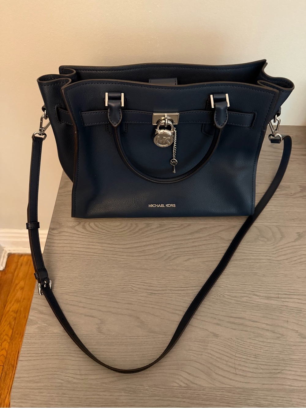 Michael Kors Dark Navy Pebbled Leather Satchel with Silver Hardware